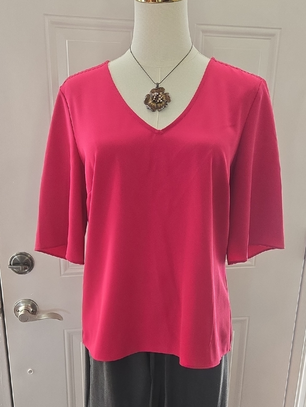 Coco Bianco V-Neck Flutter Sleeve Top - Hot Pink